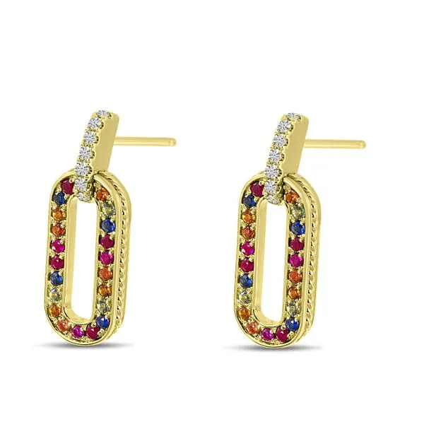 14K Yellow Gold Rainbow Sapphire & Diamond Link Earrings Image 2 Woelk's House of Diamonds Russell, KS