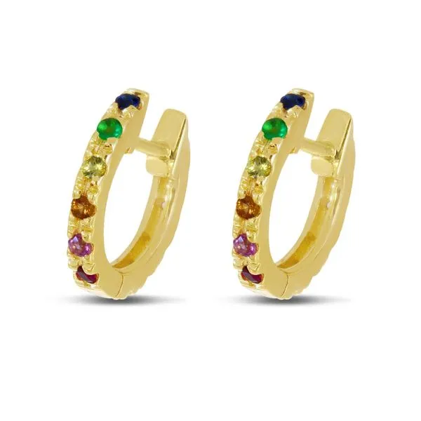 14K Yellow Gold Round Rainbow Sapphire and Half Diamond Huggie Earrings Castle Couture Fine Jewelry Manalapan, NJ