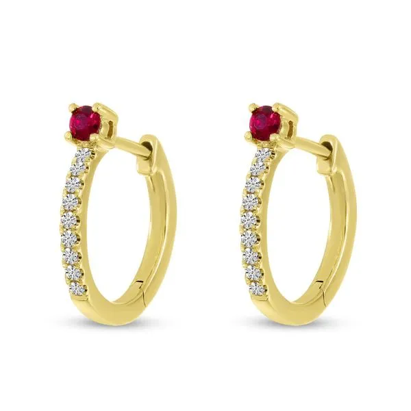 14K Yellow Gold Round Ruby and Diamond Huggie Earrings Ambassador Diamond Jewelers Tucson, AZ