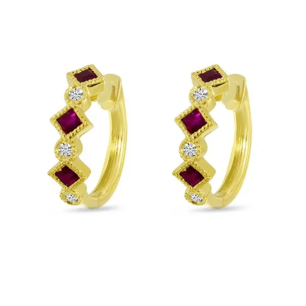 14K Yellow Gold Princess Ruby and Diamond Millgrain Huggie Earrings Ambassador Diamond Jewelers Tucson, AZ
