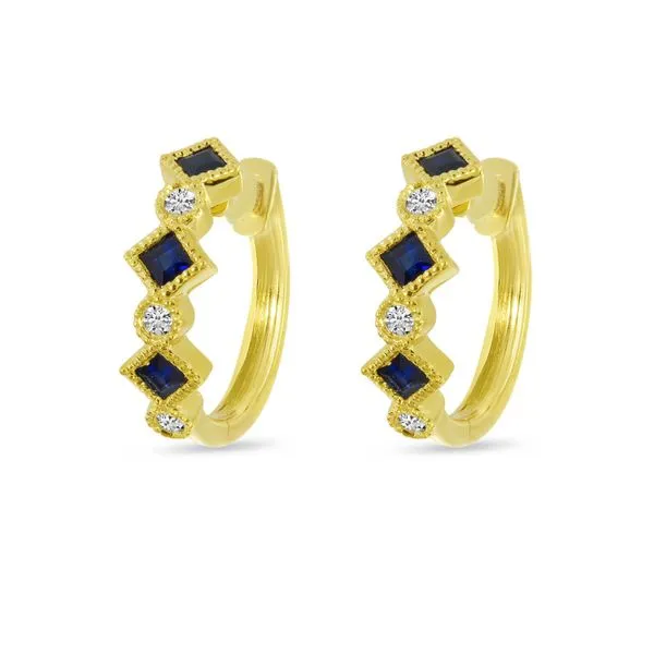 14K Yellow Gold Princess Sapphire and Diamond Millgrain Huggie Earrings Ambassador Diamond Jewelers Tucson, AZ