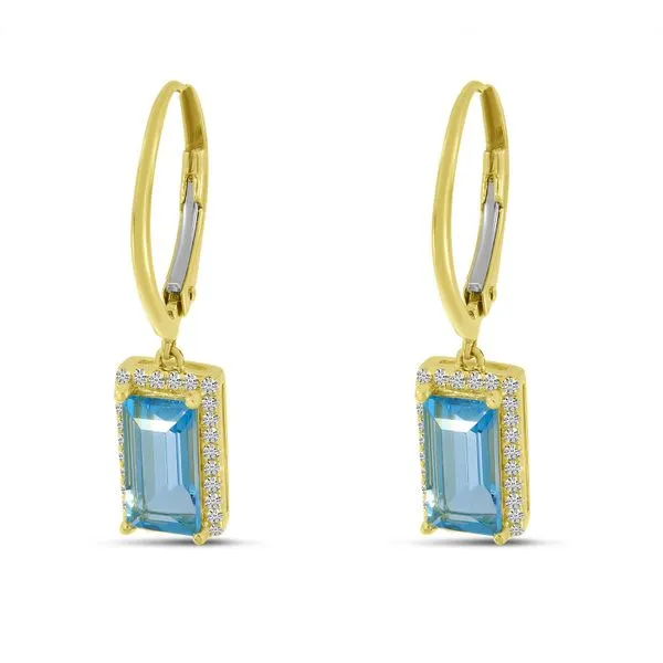 14K Yellow Gold Emerald Cut Blue Topaz and Diamond Lever Back Earrings Castle Couture Fine Jewelry Manalapan, NJ