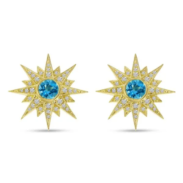 14K Yellow Gold Starburst Blue Topaz and Diamond Semi Precious Earrings Ambassador Diamond Jewelers Tucson, AZ