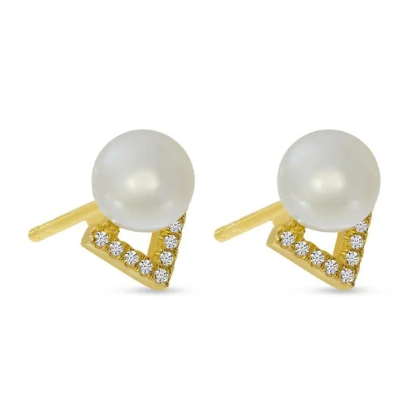 14K Yellow Gold Diamond Triangle Pearl Stud Earrings Arlene's Fine Jewelry Vidalia, GA