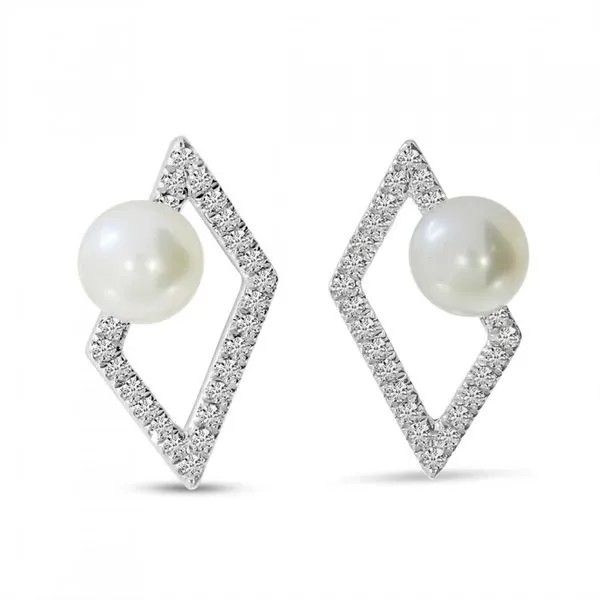 14K White Gold Pearl and Diamond Geometric Stud Earrings Ambassador Diamond Jewelers Tucson, AZ