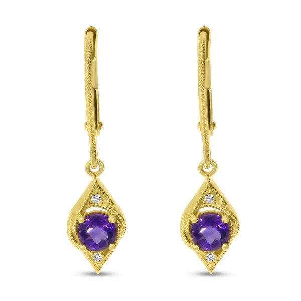14K Yellow Gold Round Amethyst Filigree Drop Leverback Earrings J. Meredith Jewelers Delafield, WI