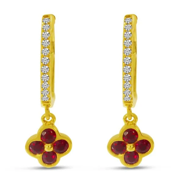 14K Yellow Gold Ruby Clover Drop Diamond Huggies Ambassador Diamond Jewelers Tucson, AZ
