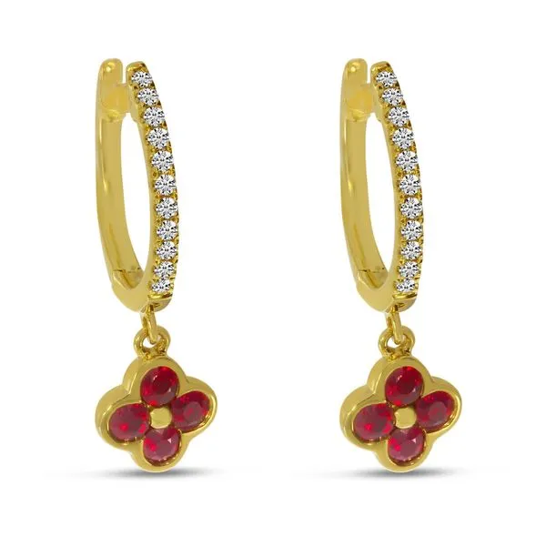 14K Yellow Gold Ruby Clover Drop Diamond Huggies Image 2 Ambassador Diamond Jewelers Tucson, AZ