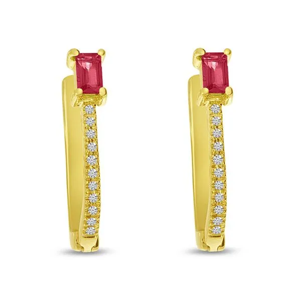 14K Yellow Gold Emerald Cut Ruby with Diamond Rectangle Hoop Earrings Ambassador Diamond Jewelers Tucson, AZ