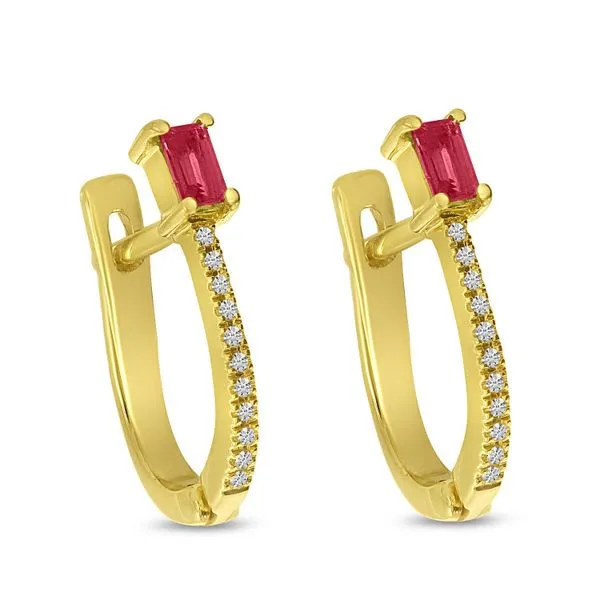 14K Yellow Gold Emerald Cut Ruby with Diamond Rectangle Hoop Earrings Image 2 Ambassador Diamond Jewelers Tucson, AZ