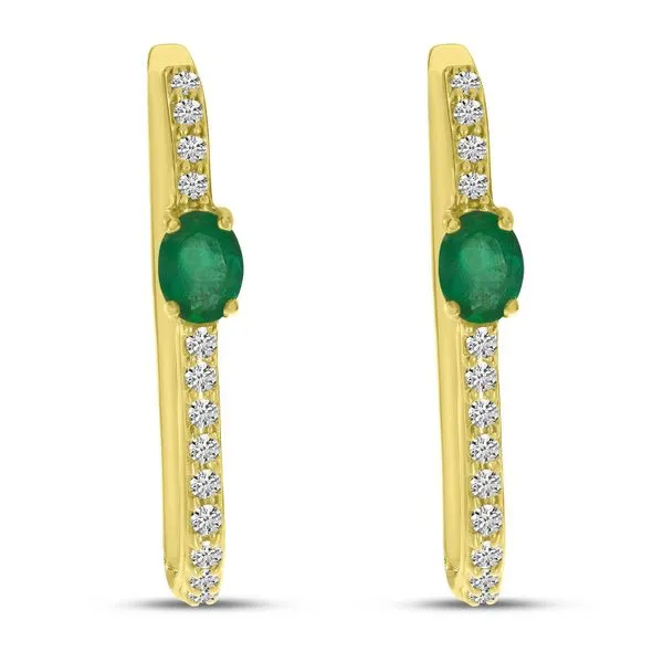 14K Yellow Gold Emerald and Diamond Oval Hoop Earrings Image 2 Ambassador Diamond Jewelers Tucson, AZ