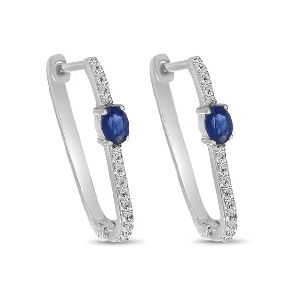 14K White Gold Oval Sapphire with Diamond Oval Hoop Earrings Image 2 Rick's Jewelers California, MD
