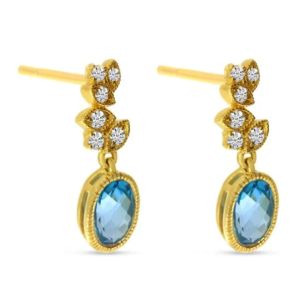 14K Yellow Gold Oval Blue Topaz Drop Diamond Post Earrings Image 2 SIERRA MOON Auburn, CA