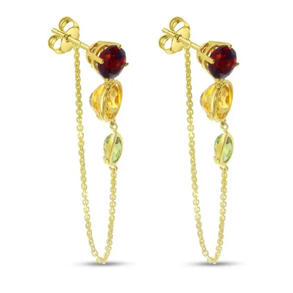 14K Yellow Gold Round & Pear Multi Drop Garnet, Citrine and Peridot Chain Earrings Ambassador Diamond Jewelers Tucson, AZ