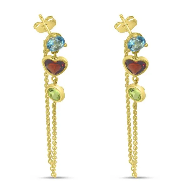 14K Yellow Gold Round & Heart Multi Drop Blue Topaz, Garnet and Peridot Chain Earrings Ambassador Diamond Jewelers Tucson, AZ