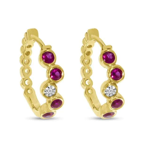 14K Yellow Gold Ruby and Diamond Bezel Bubble Huggies Castle Couture Fine Jewelry Manalapan, NJ