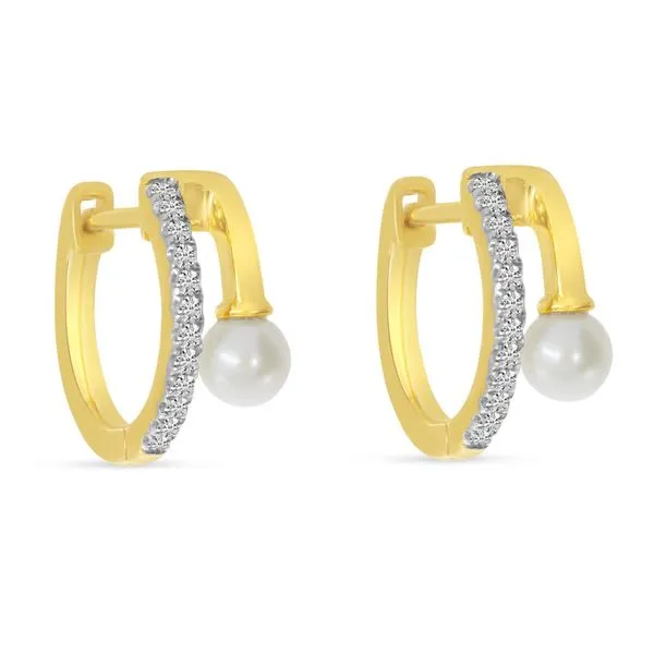 14K Yellow Gold Diamond and Pearl Huggie & A Half Earrings Castle Couture Fine Jewelry Manalapan, NJ