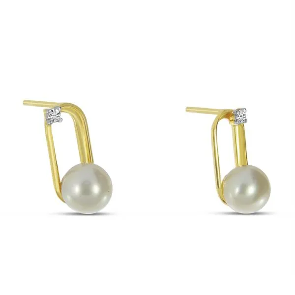 14K Yellow Gold Diamond and Pearl Loop Earrings Image 2 Ambassador Diamond Jewelers Tucson, AZ