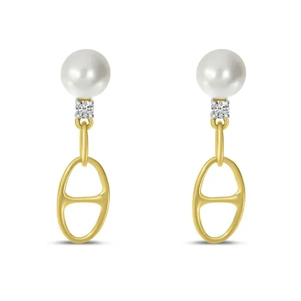 14K Yellow Gold Pearl and Diamond Link Earrings Castle Couture Fine Jewelry Manalapan, NJ