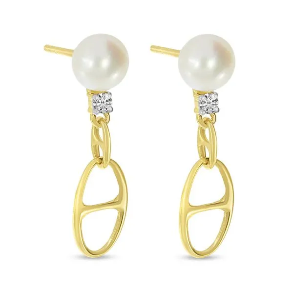 14K Yellow Gold Pearl and Diamond Link Earrings Image 2 Ambassador Diamond Jewelers Tucson, AZ