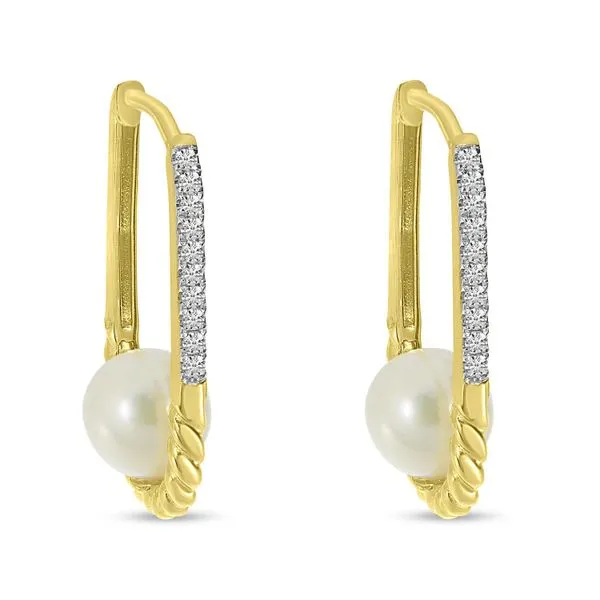 14K Yellow Gold Diamond and Pearl Twisted Elongated Hoop Earrings Image 2 Moseley Diamond Showcase Inc Lexington, SC