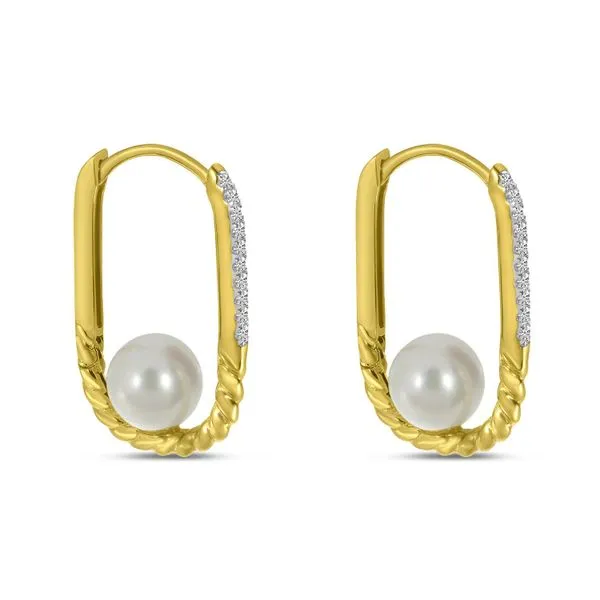 14K Yellow Gold Diamond and Pearl Twisted Elongated Hoop Earrings Image 3 Castle Couture Fine Jewelry Manalapan, NJ