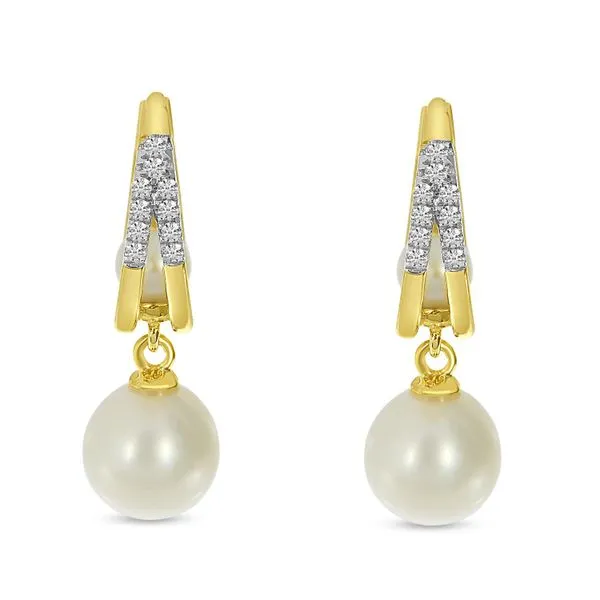 14K Yellow Gold Split Diamond Huggie with Pearl Earrings J. Meredith Jewelers Delafield, WI