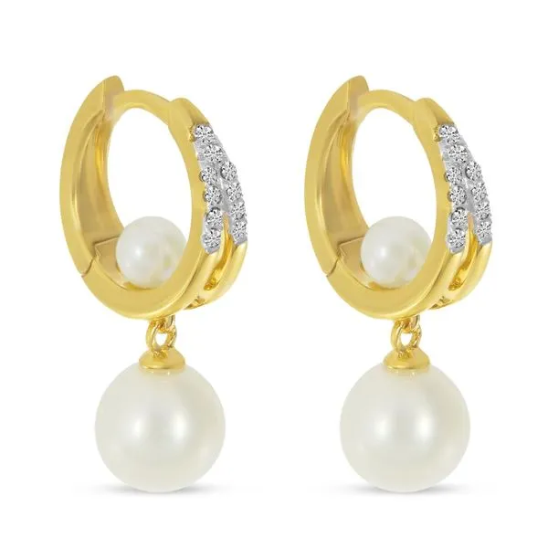 14K Yellow Gold Split Diamond Huggie with Pearl Earrings Image 2 Moseley Diamond Showcase Inc Lexington, SC