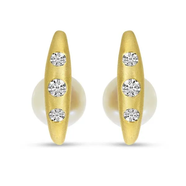 14K Yellow Gold Brushed Diamond and Pearl Huggie Earrings Image 2 J. Meredith Jewelers Delafield, WI