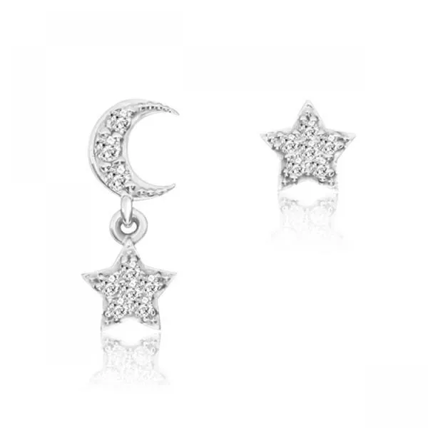14K White Gold Star and Moon Mismatch Diamond Fashion Earrings Ambassador Diamond Jewelers Tucson, AZ