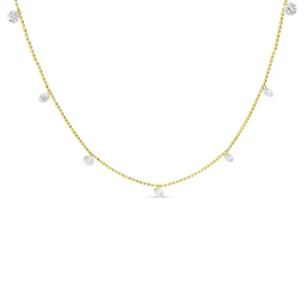 14K Yellow Gold Dashing Diamond 7 stone Diamond By the Yard 16 Bead Chain Necklace
