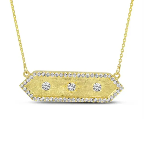 14K Yellow Gold Diamond Halo Brushed Hexagon Bar Pendant Ambassador Diamond Jewelers Tucson, AZ