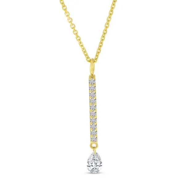 14K Yellow Gold Dashing Diamond Bar with Pear Dangle Diamond Cable Chain Necklace Ambassador Diamond Jewelers Tucson, AZ