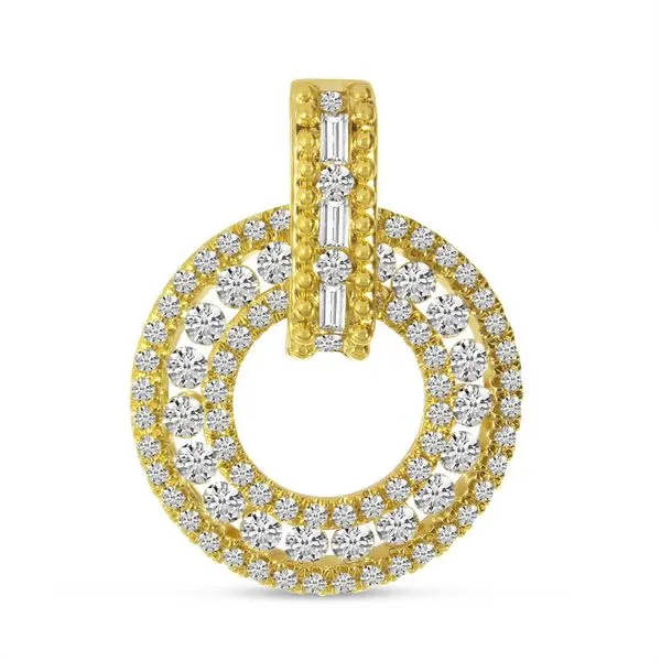 14K Yellow Gold Diamond Circle Pendant with Beaded Bale and Baguette Diamonds Rox Atlanta Jewelers Decatur, GA