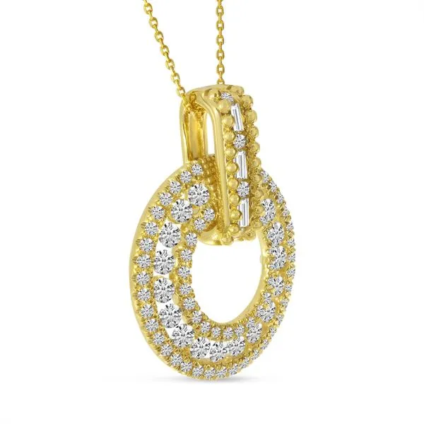 14K Yellow Gold Diamond Circle Pendant with Beaded Bale and Baguette Diamonds Image 3 Rox Atlanta Jewelers Decatur, GA
