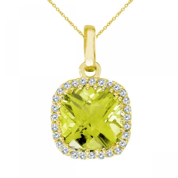 14K Yellow Gold Cushion Peridot with Diamond Halo Pendant Ambassador Diamond Jewelers Tucson, AZ