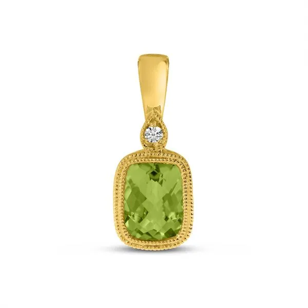 14K Yellow Gold Cushion Peridot and Diamond Millgrain Pendant Clater Jewelers Louisville, KY