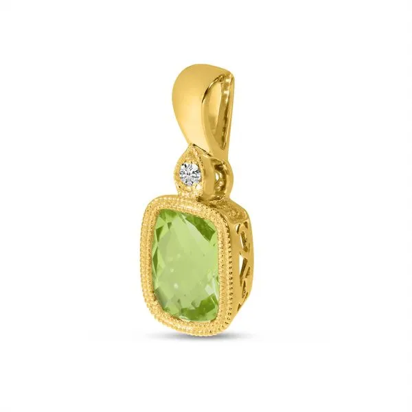 14K Yellow Gold Cushion Peridot and Diamond Millgrain Pendant Image 2 Ambassador Diamond Jewelers Tucson, AZ
