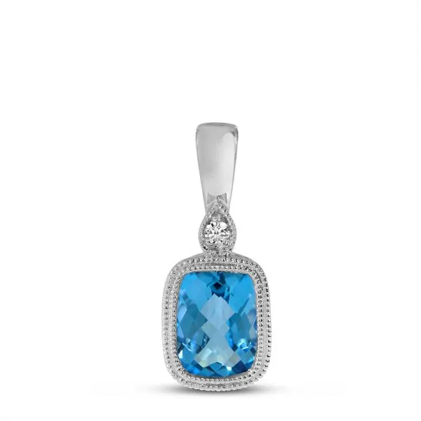 14K White Gold Cushion Blue Topaz and Diamond Millgrain Pendant Ambassador Diamond Jewelers Tucson, AZ