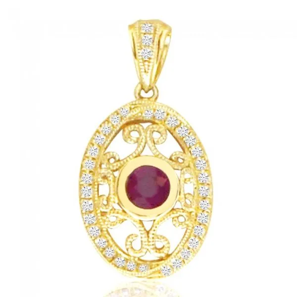 14K Yellow Gold Precious Round Ruby and Diamond Oval Filigree Pendant J. Meredith Jewelers Delafield, WI