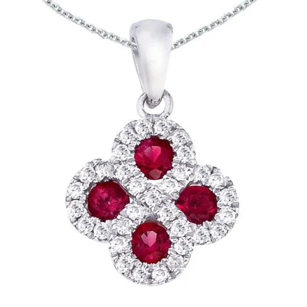 14K White Gold Precious Round Ruby and Diamond Clover Fashion Pendant Ambassador Diamond Jewelers Tucson, AZ