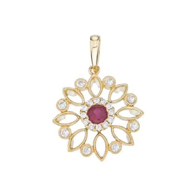 14K Yellow Gold Precious 4mm Round Ruby and Diamond Filigree Fashion Pendant Ambassador Diamond Jewelers Tucson, AZ