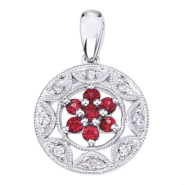 14K White Gold Ruby and Diamond Round Precious Filigree Fashion Pendant The Jewelry Source El Segundo, CA