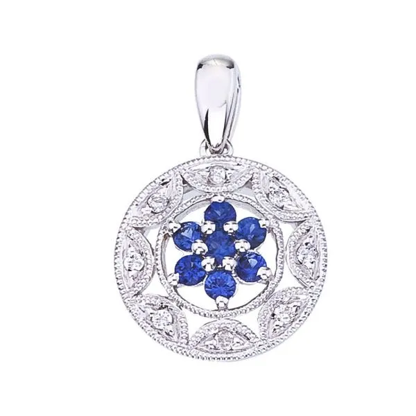 14K White Gold Precious Round Sapphire and Diamond Filigree Pendant Ambassador Diamond Jewelers Tucson, AZ