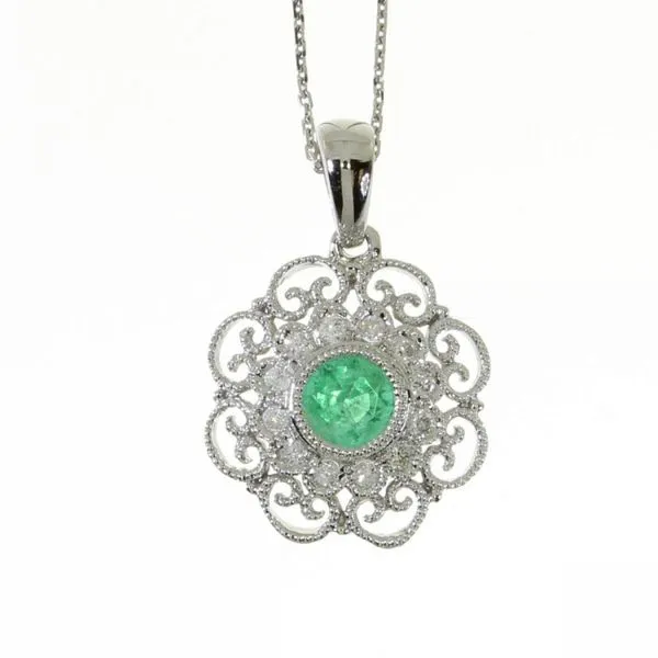 14k White Gold Precious Emerald Round Filigree Pendant The Jewelry Source El Segundo, CA