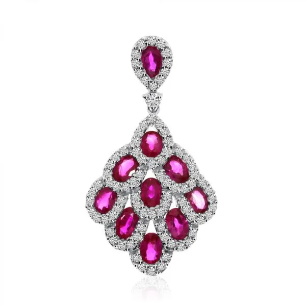 14K White Gold Cascading Precious Rubies and Diamond flower Pendant Ambassador Diamond Jewelers Tucson, AZ