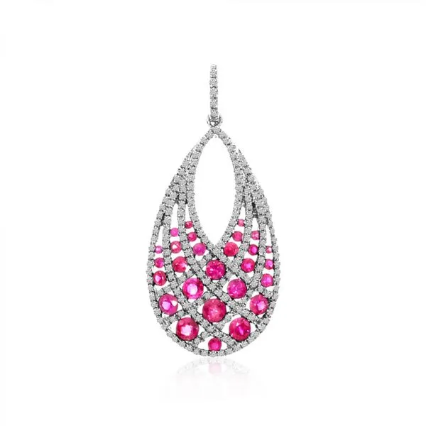 14K White Gold Round Rubies and Diamond Precious Drop Pendant Ambassador Diamond Jewelers Tucson, AZ
