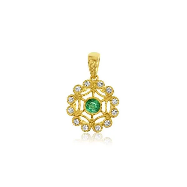 14K Yellow Gold 3.5 mm Precious Emerald and Diamond Round Filigree Pendant Ambassador Diamond Jewelers Tucson, AZ