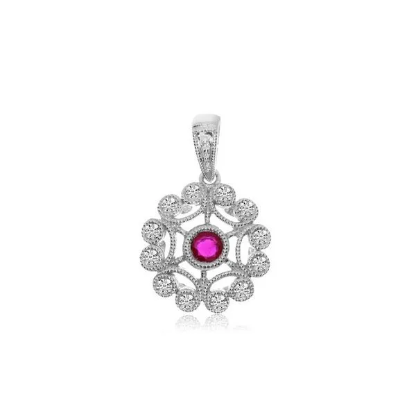14K White Gold 3.5 mm Precious Ruby and Diamond Round Filigree Pendant Ambassador Diamond Jewelers Tucson, AZ