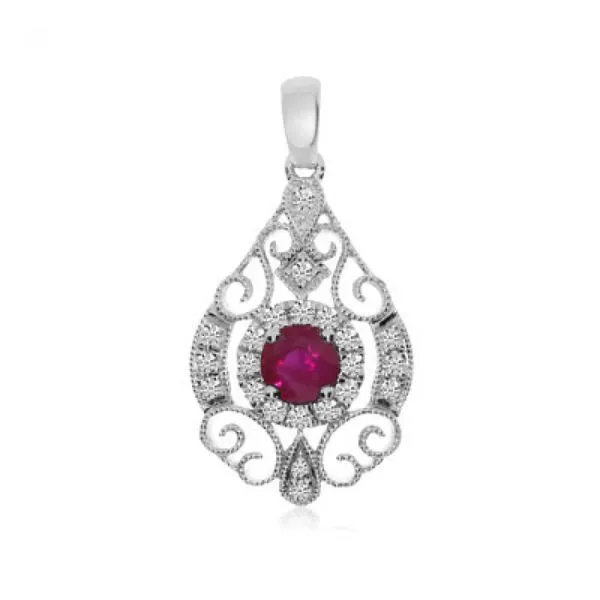 14K White Gold 3.25 mm Round Ruby and Diamond Precious Teardrop Fashion Pendant Ambassador Diamond Jewelers Tucson, AZ